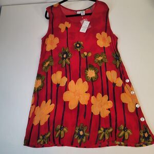La Cera Red Artsy Floral Crinkle Gauze Sleeveless Flowy Dress NWT Size L